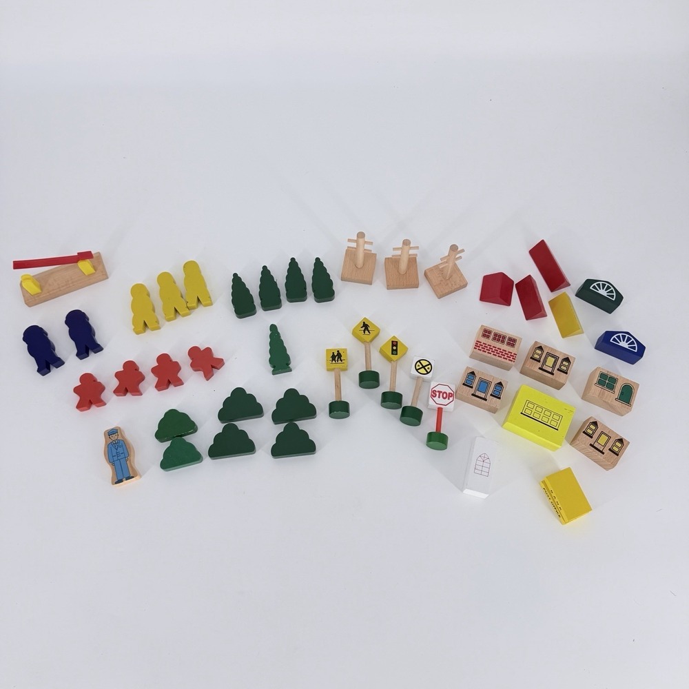 Wooden Railway Train Accessories Lot 45 Pc Figures Signs Buildings Trees